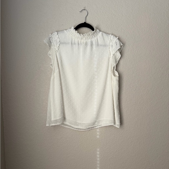 CeCe Tops - CeCe White Swiss Dot Ruffle Neck Sleeveless Blouse